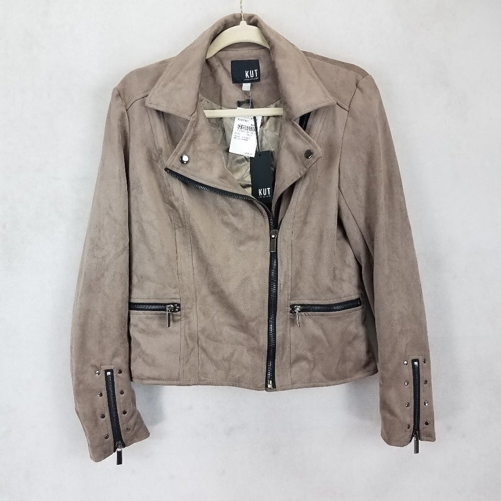 NWT KUT from the Kloth Moto Jacket S Asymmetrical Zipper Crop Collared in Buff
